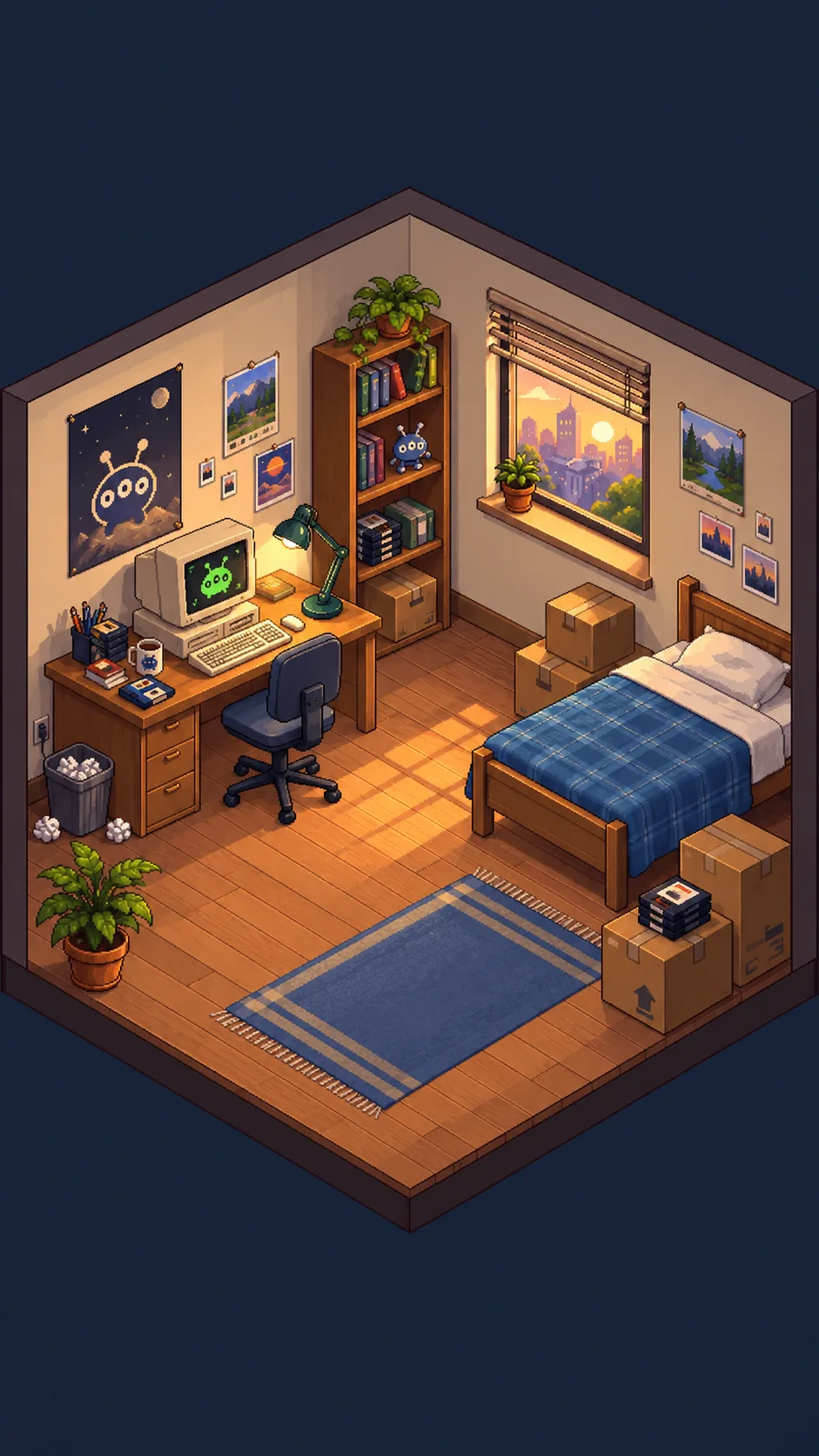 Une chambre en pixel art, vue de biais : un bureau avec un vieil ordinateur, une lampe verte, une étagère de jeux, un lit et des cartons pas encore défaits. Le soleil se couche derrière la fenêtre.
