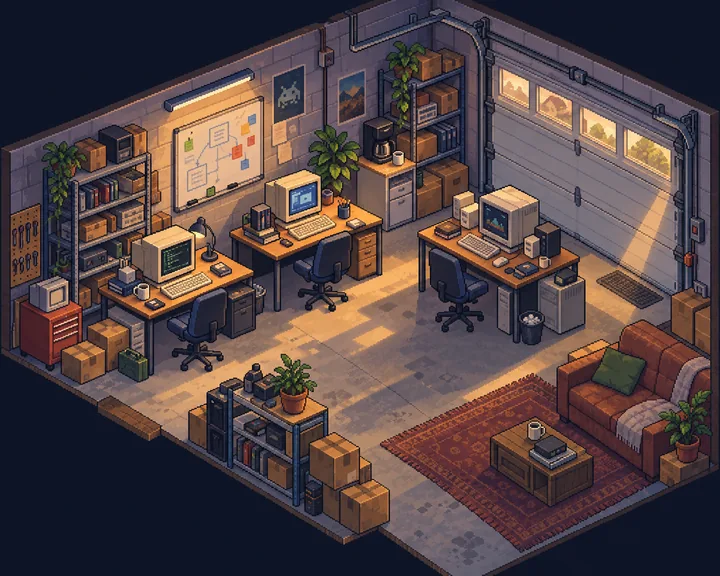 Le garage aménagé, trois bureaux et un canapé.